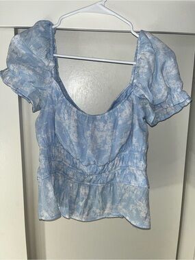 Trixxi Light Blue Floral Puff-Sleeve Peplum Blouse